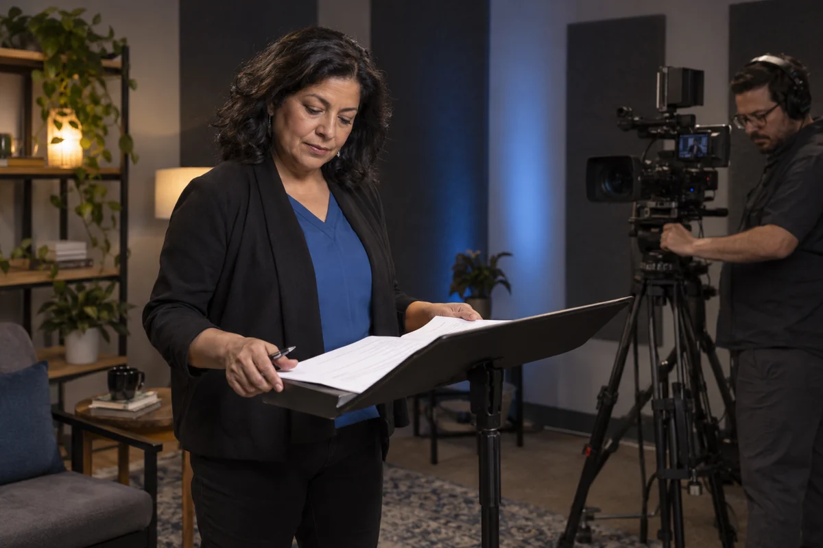 Illustration of an author preparing notes with a studio producer