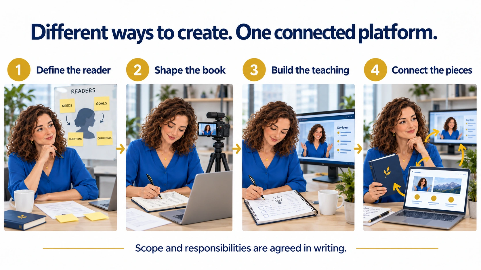An author defines the reader, shapes the book through one of three creation routes, develops teaching, and connects the book, website and program.