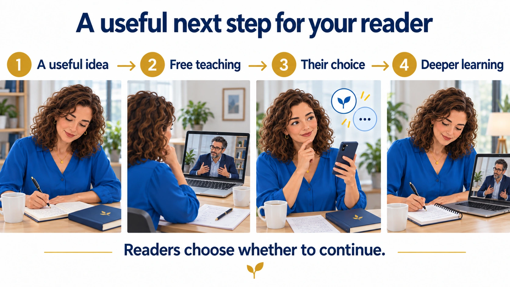 The same reader moves from a useful idea in a book to free teaching, chooses whether to stay in touch, then considers deeper learning.