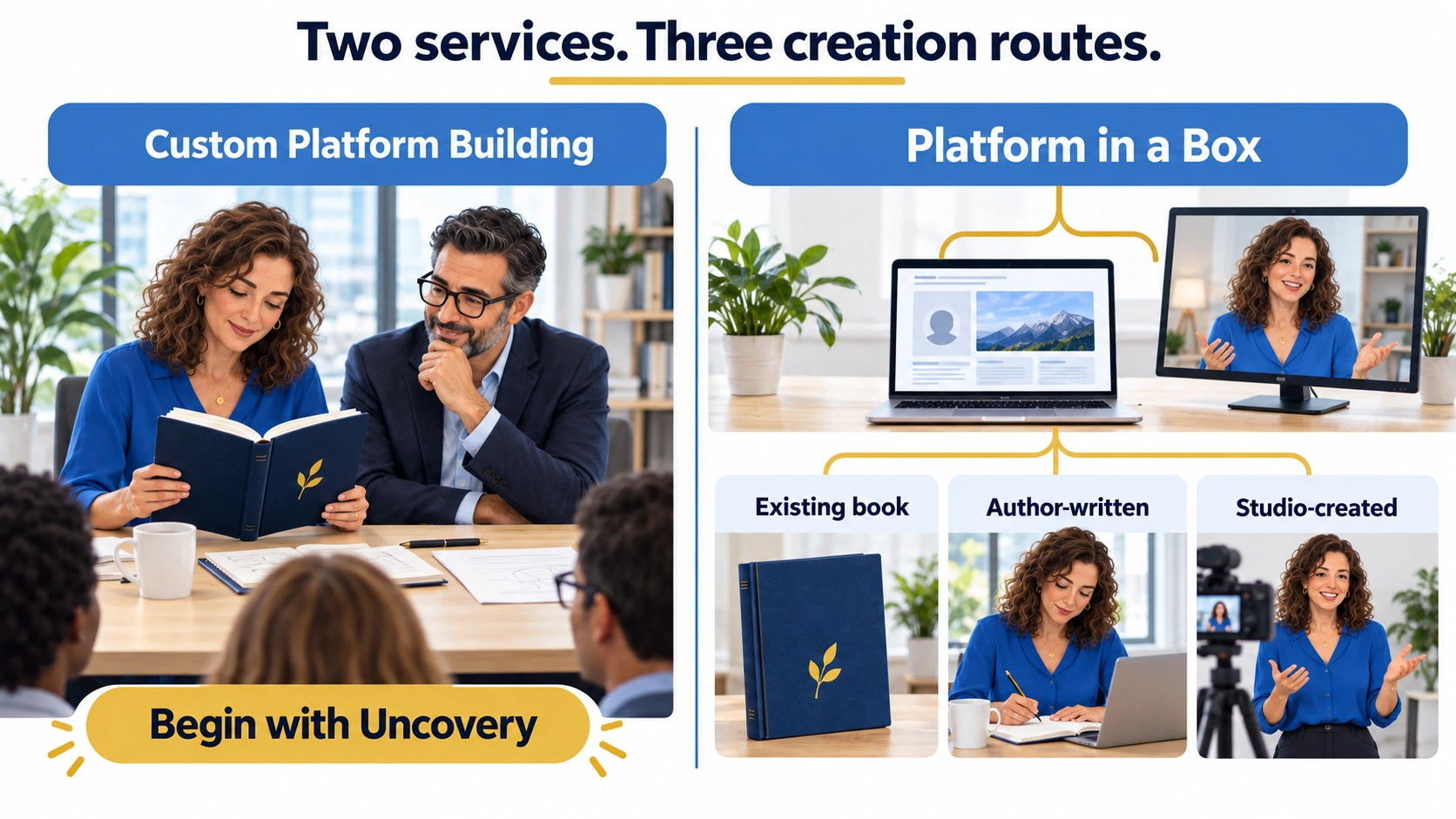 Two services: Custom Platform Building begins with Uncovery. Platform in a Box connects a book, website and teaching, with existing-book, author-written and studio-created routes inside it.
