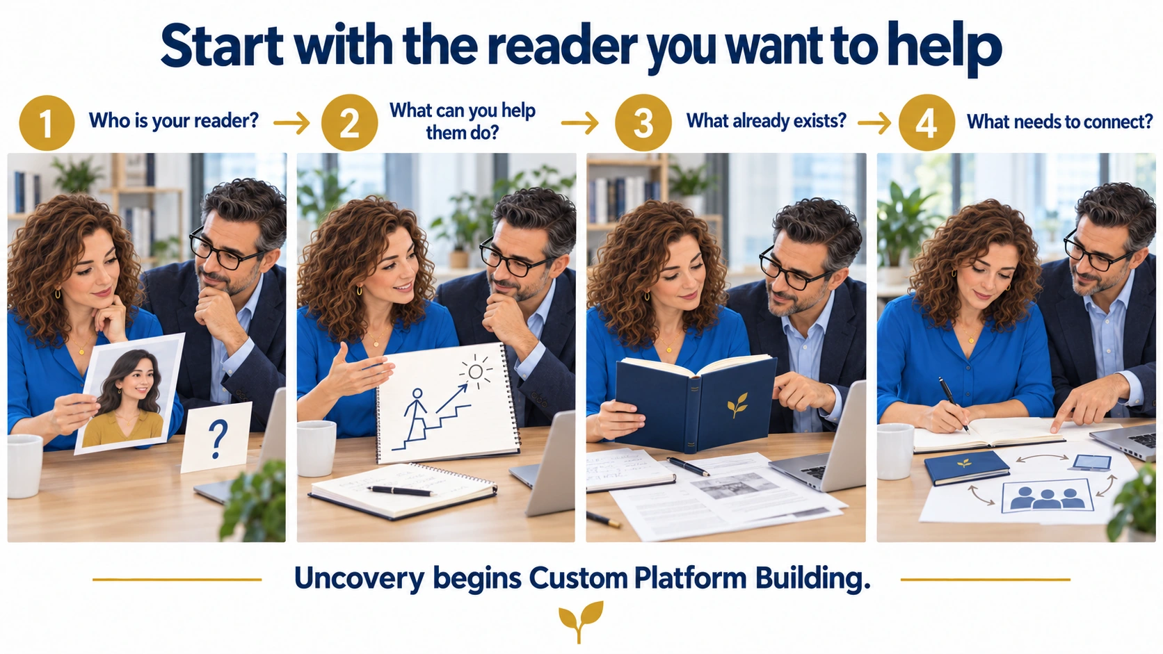 An author and adviser identify the reader, clarify what the author can help them do, examine existing work, and connect the pieces.