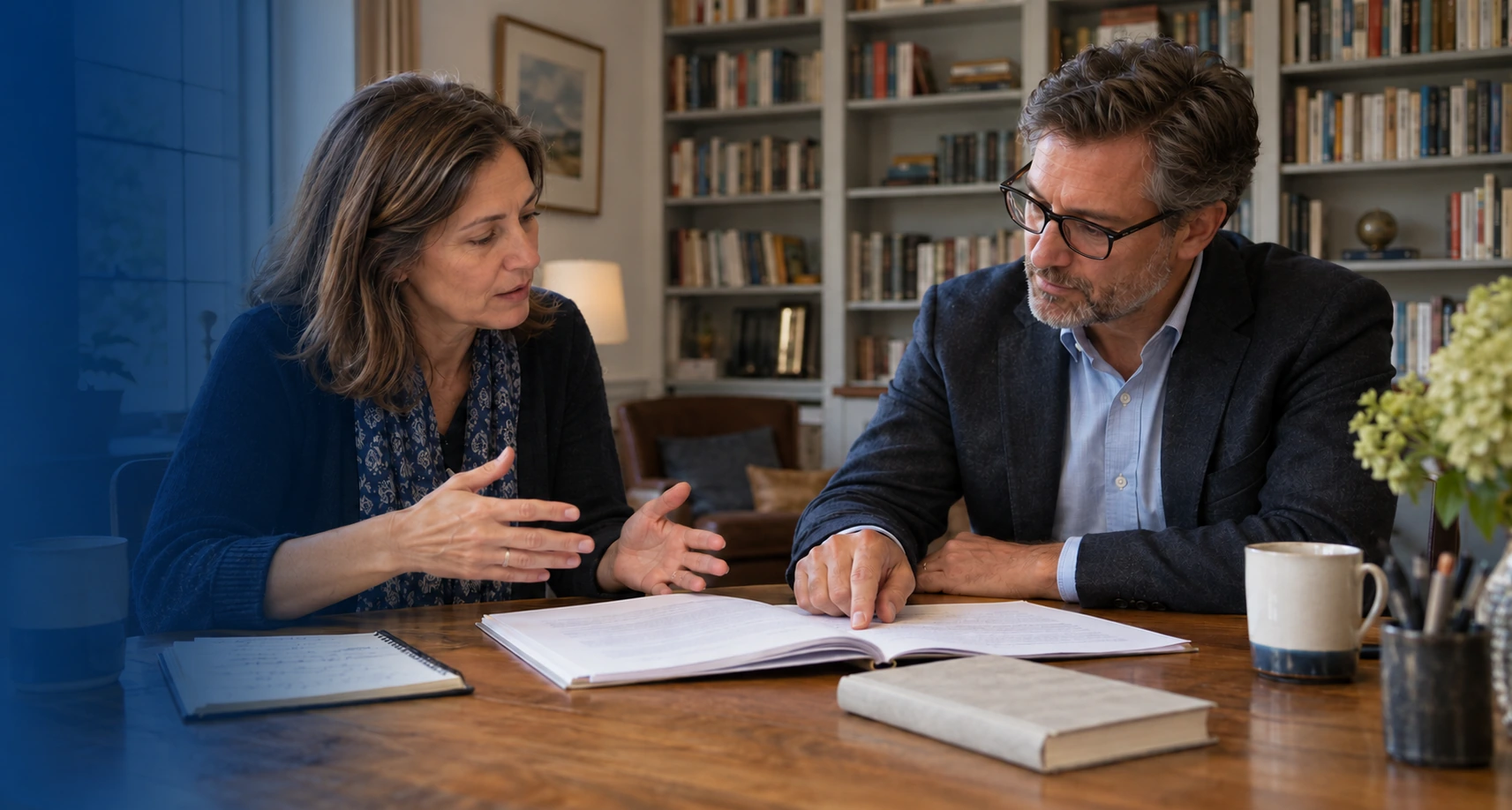 Editorial illustration of an author and a publishing professional reviewing a manuscript; fictional subjects.
