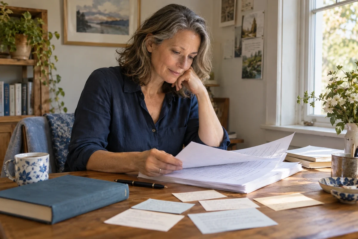 Editorial illustration of an author carefully reviewing a manuscript.
